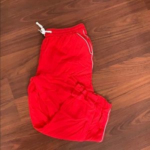 Red and white joggers. Very comfy